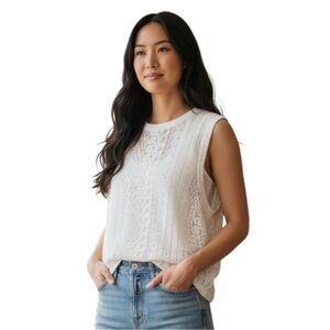 Standard Cloth Sleeveless Cream Crochet Tank Top Size L